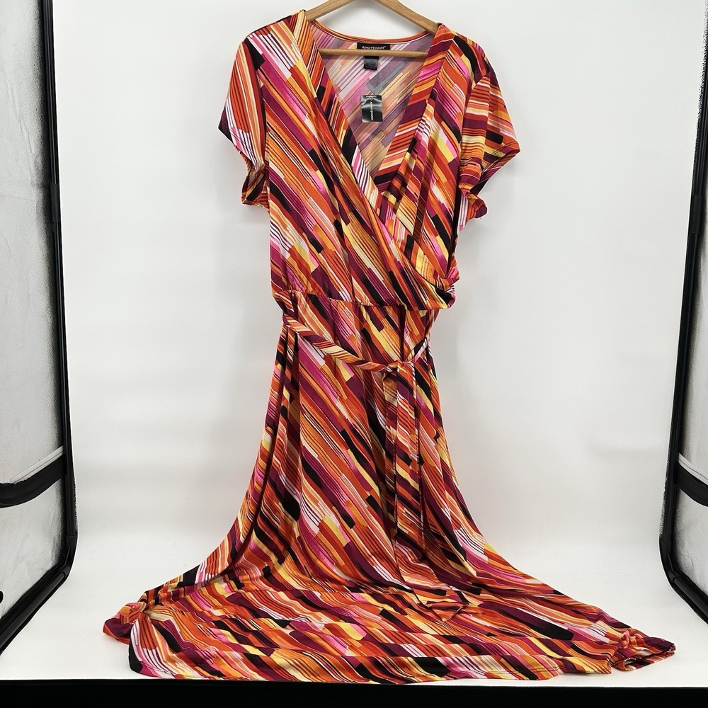 Ashley Stewart Dress Womens 22/24 Wrap Maxi Colorful Stripe Boho Made in USA NWT